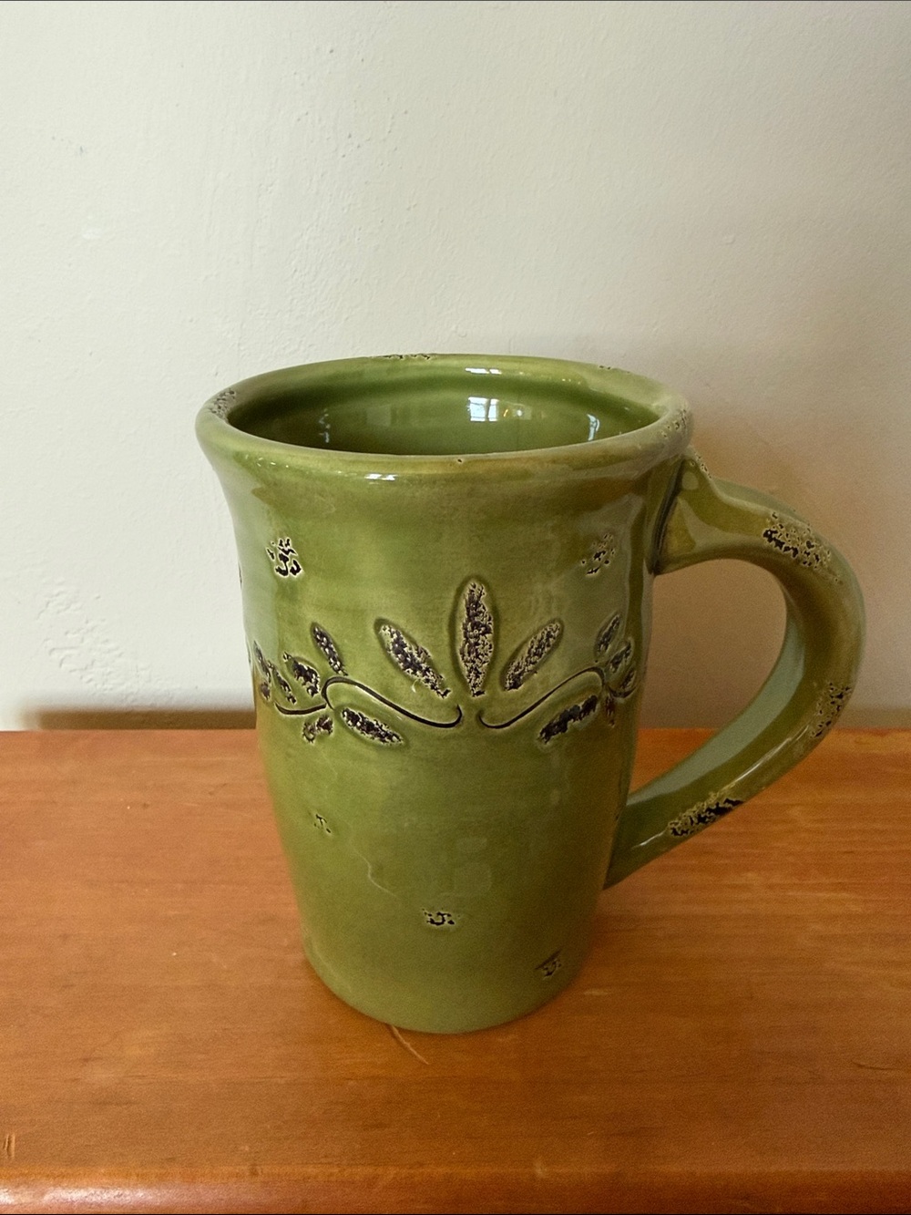 Pier 1 Olive Green Ceramic Mug with Leaf Relief